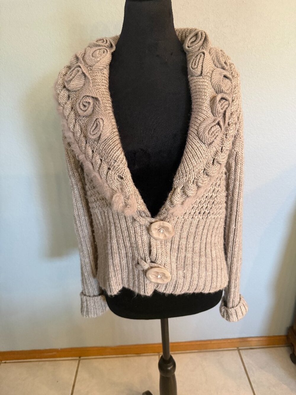 John Fashion Wool Blend Chunky Knit Cardigan Sweater S Fur Trim